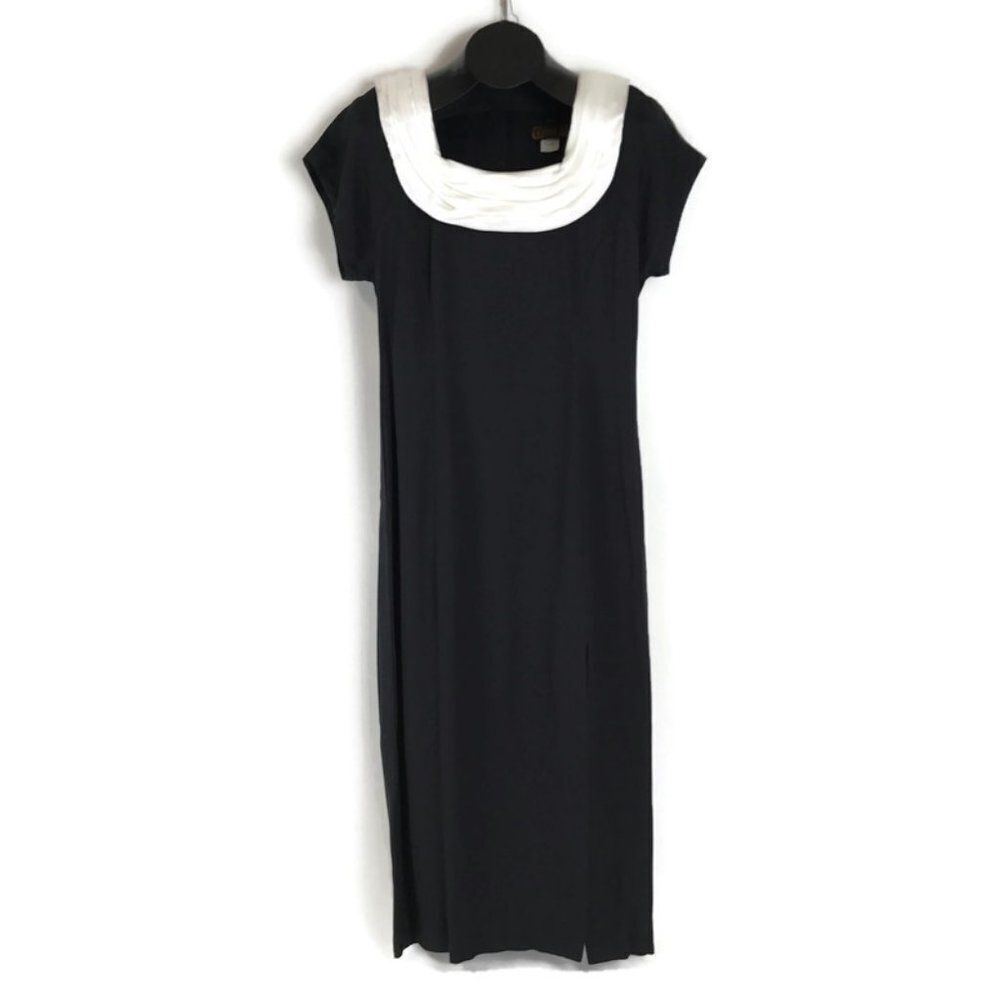 VINTAGE Virgo II Full Length Maxi Dress Women's Size 8 Black Pleated Collar Zip